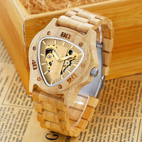 Triangle Skeleton Automatic Watch Mechanical Wood Watches for Men browm&yellow