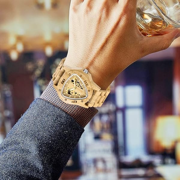 Triangle Skeleton Automatic Watch Mechanical Wood Watches for Men browm&yellow