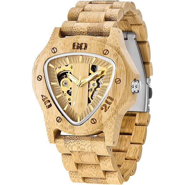 Triangle Skeleton Automatic Watch Mechanical Wood Watches for Men browm&yellow