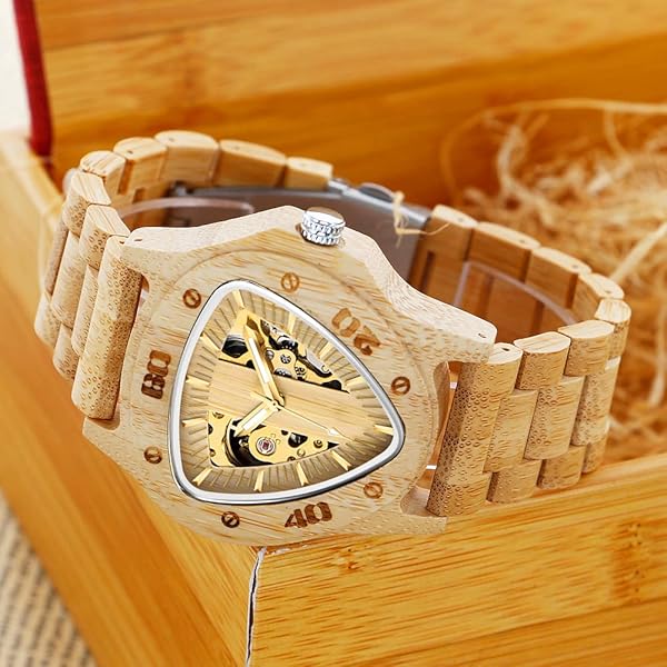 Triangle Skeleton Automatic Watch Mechanical Wood Watches for Men browm&yellow